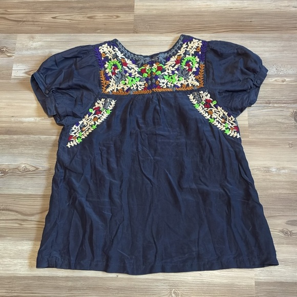 MM Couture embroidered Silk tunic Navy Women S Puff sleeves Round split neck - Picture 8 of 8